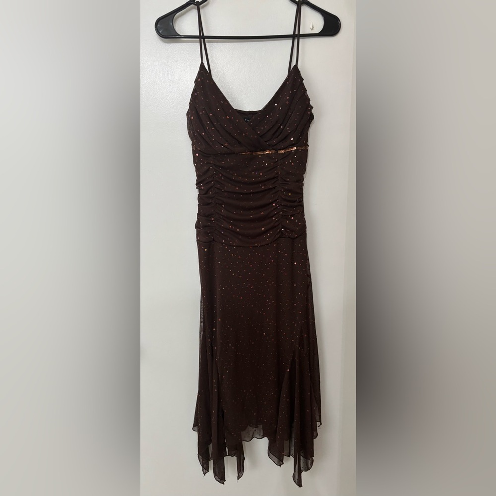 Y2K Brown Women Beaded Fairy Midi Dress Juniors Size Medium Whimsical Romantic